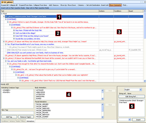 1. The text for the currently selected node. All of the information in the Node Properties section (D) refers to this node. 2.